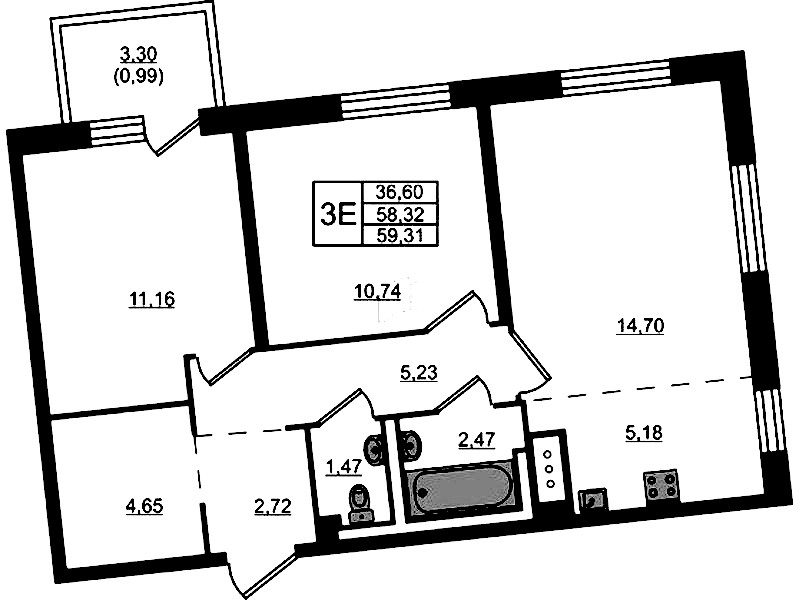 2-комнатная квартира 59.31 м², 5/11 эт., ЖК «Квартал Лаголово»